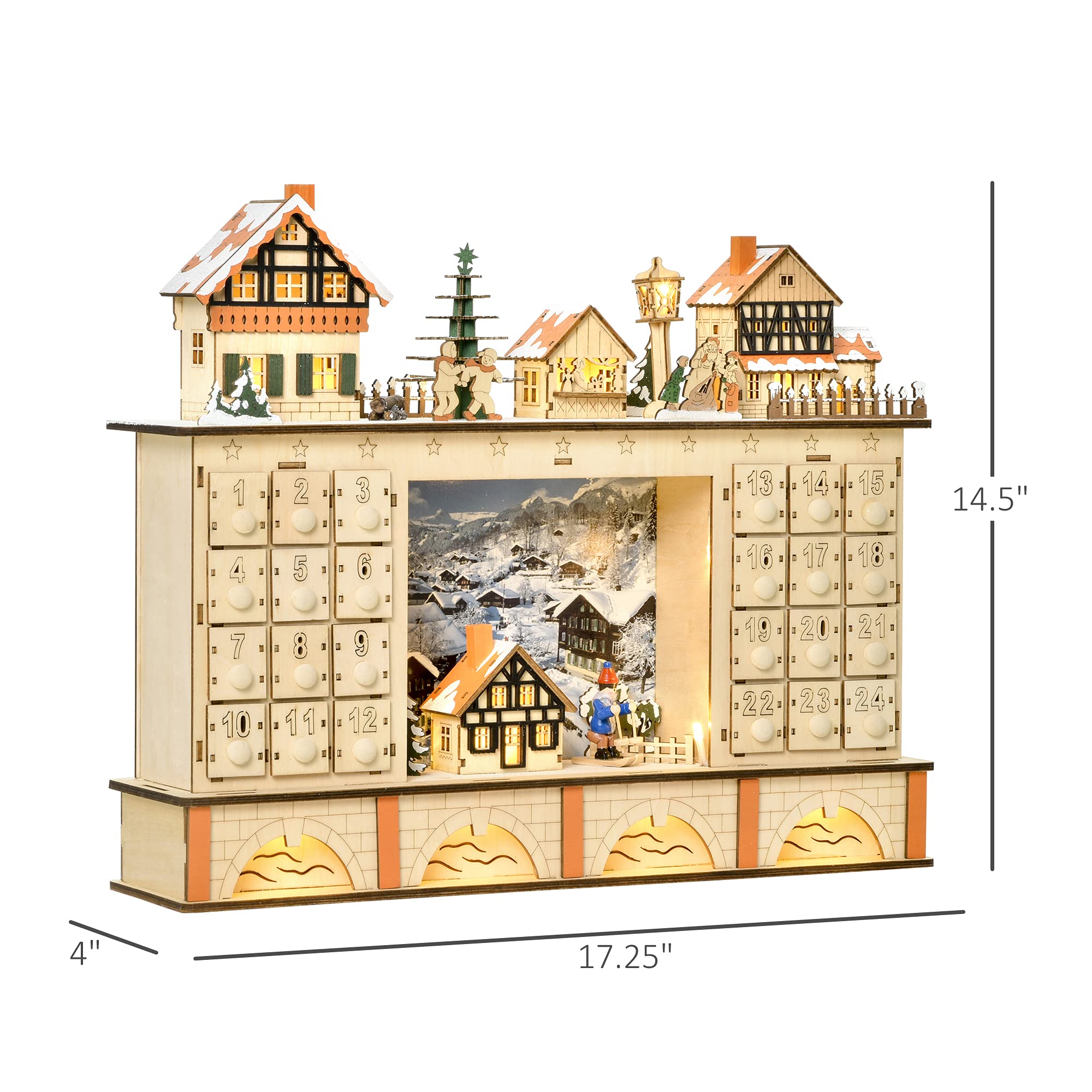 HOMCOM Christmas Advent Calendar, Light Up Table Xmas Wooden Store Holiday Decoration with Countdown Drawer, Village, for Kids a
